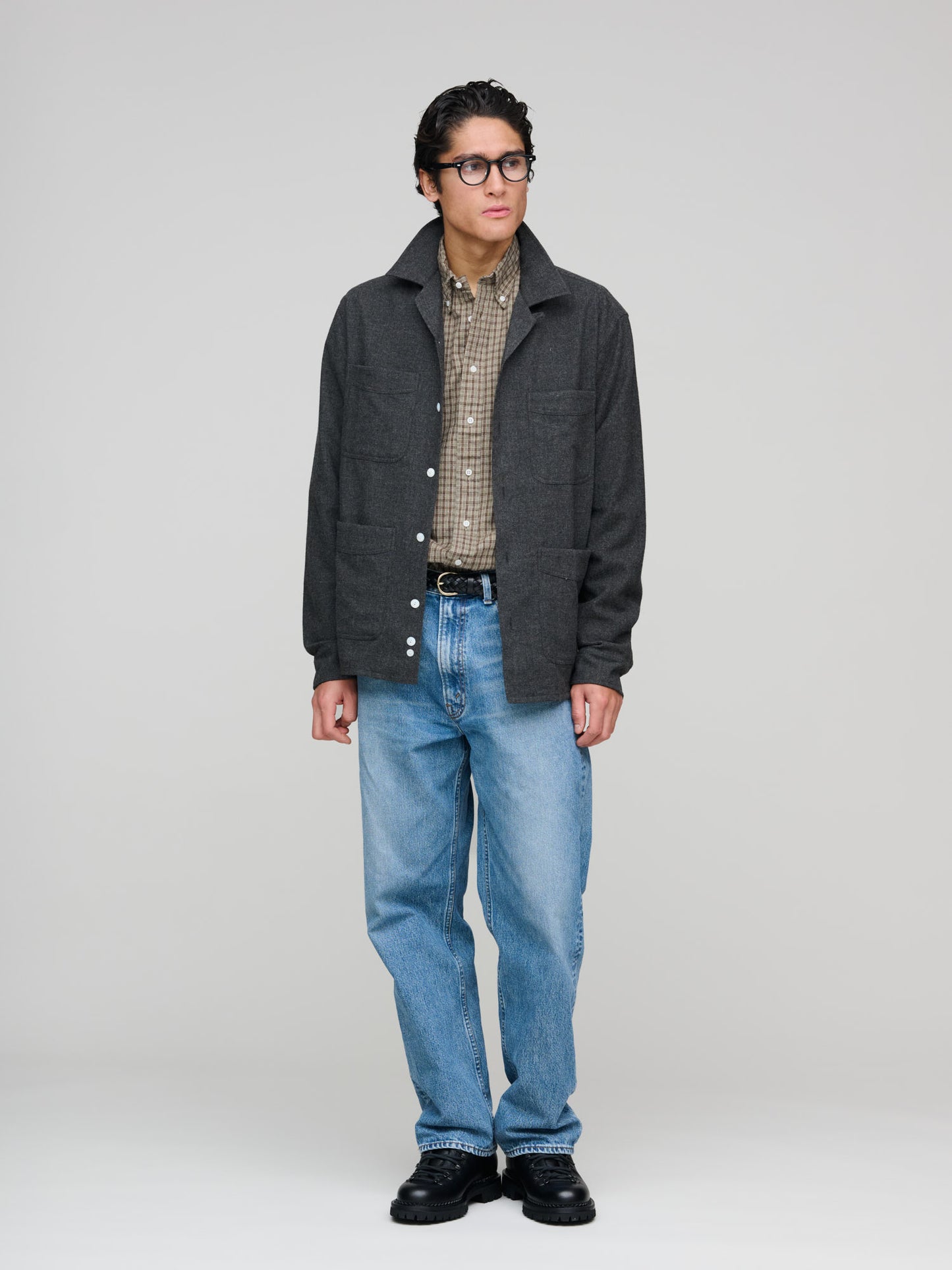 Wool Four-Pocket Camp Collar Work Shirt, Grey