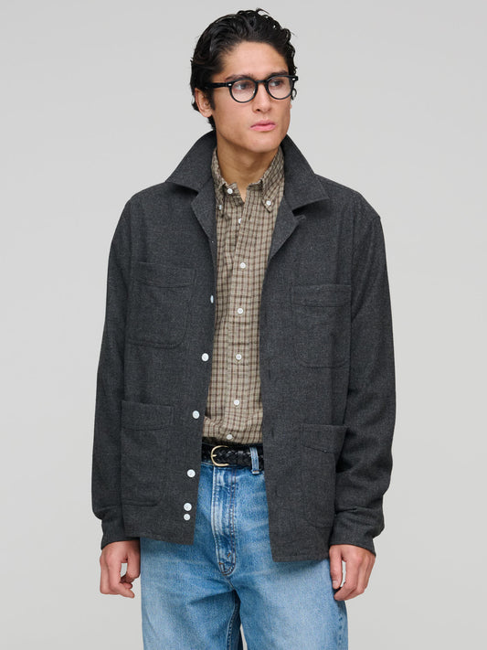 Wool Four-Pocket Camp Collar Work Shirt, Grey