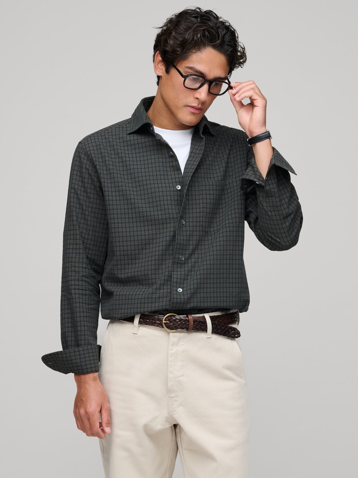 Soft Spread Collar, Plaid Check Olive/Navy/Brown
