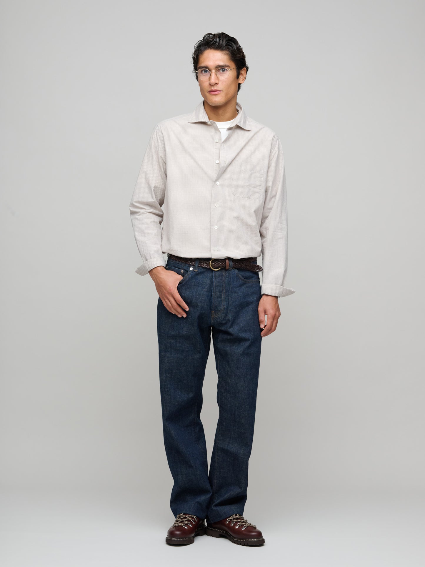 Soft Spread Collar Shirt Fine Grid Check, Clay