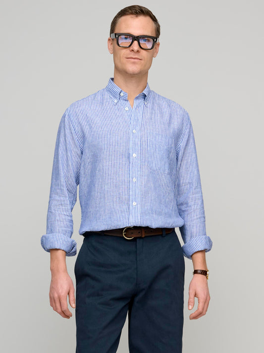 American BD Linen Shirt, Blue/Fine Stripe