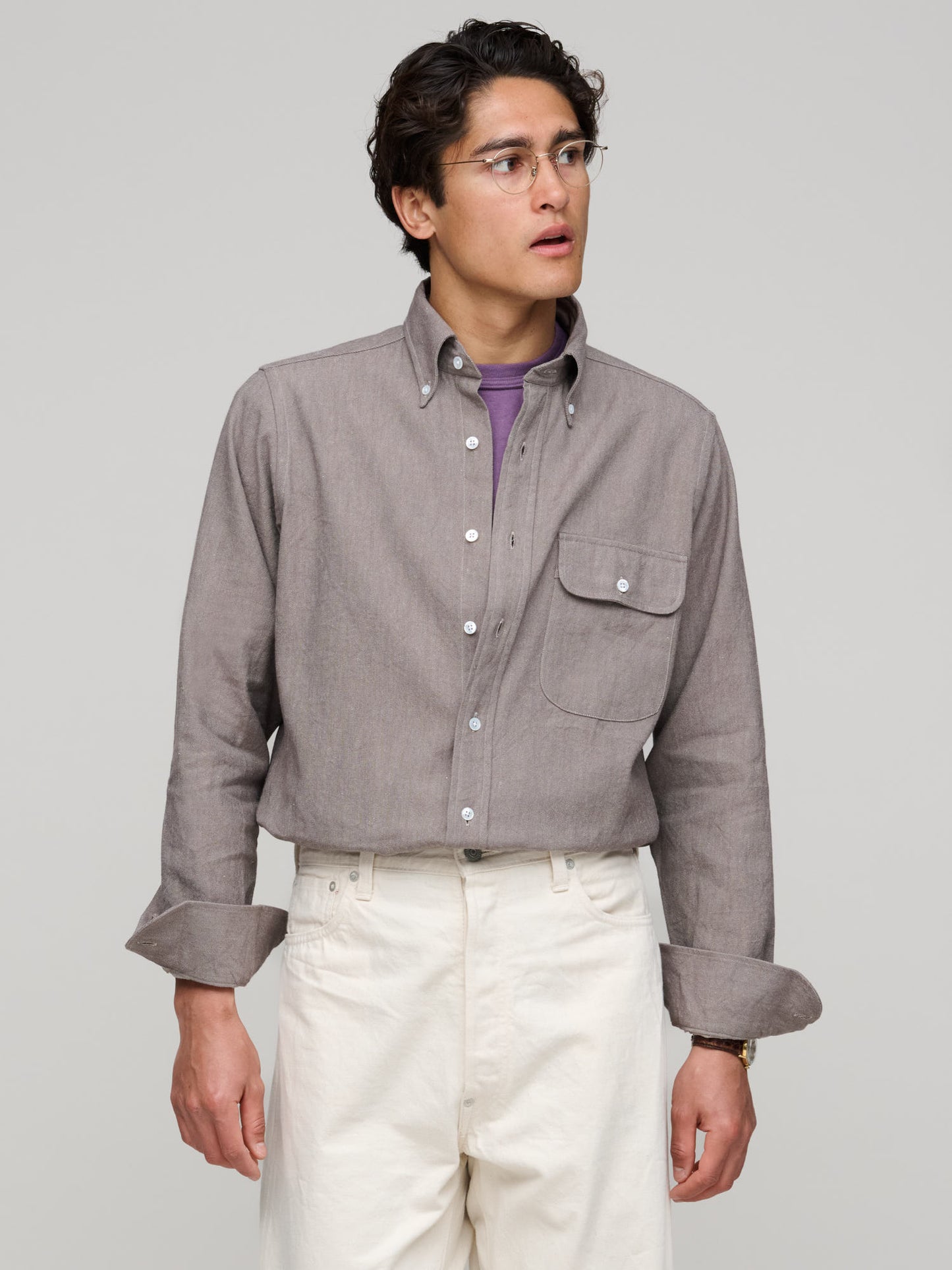 Drake's for GOODS, BD Shirt Curved Pocket, Denim Brown