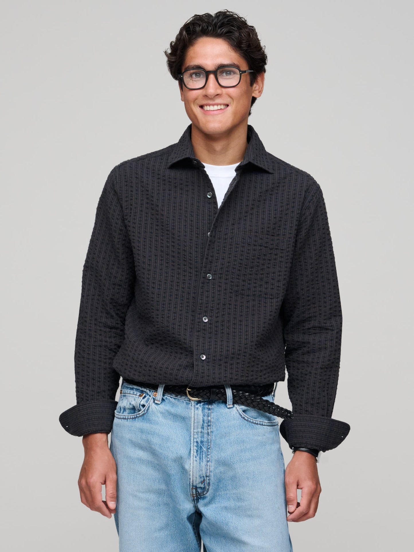 Soft Spread Collar, Seersucker Mini Check, Brown/Navy