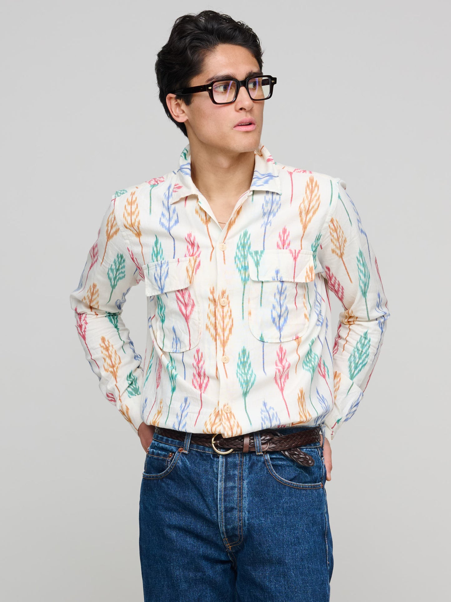 Ikat Print Brushed Cotton Camp Collar Shirt, Ecru Multi