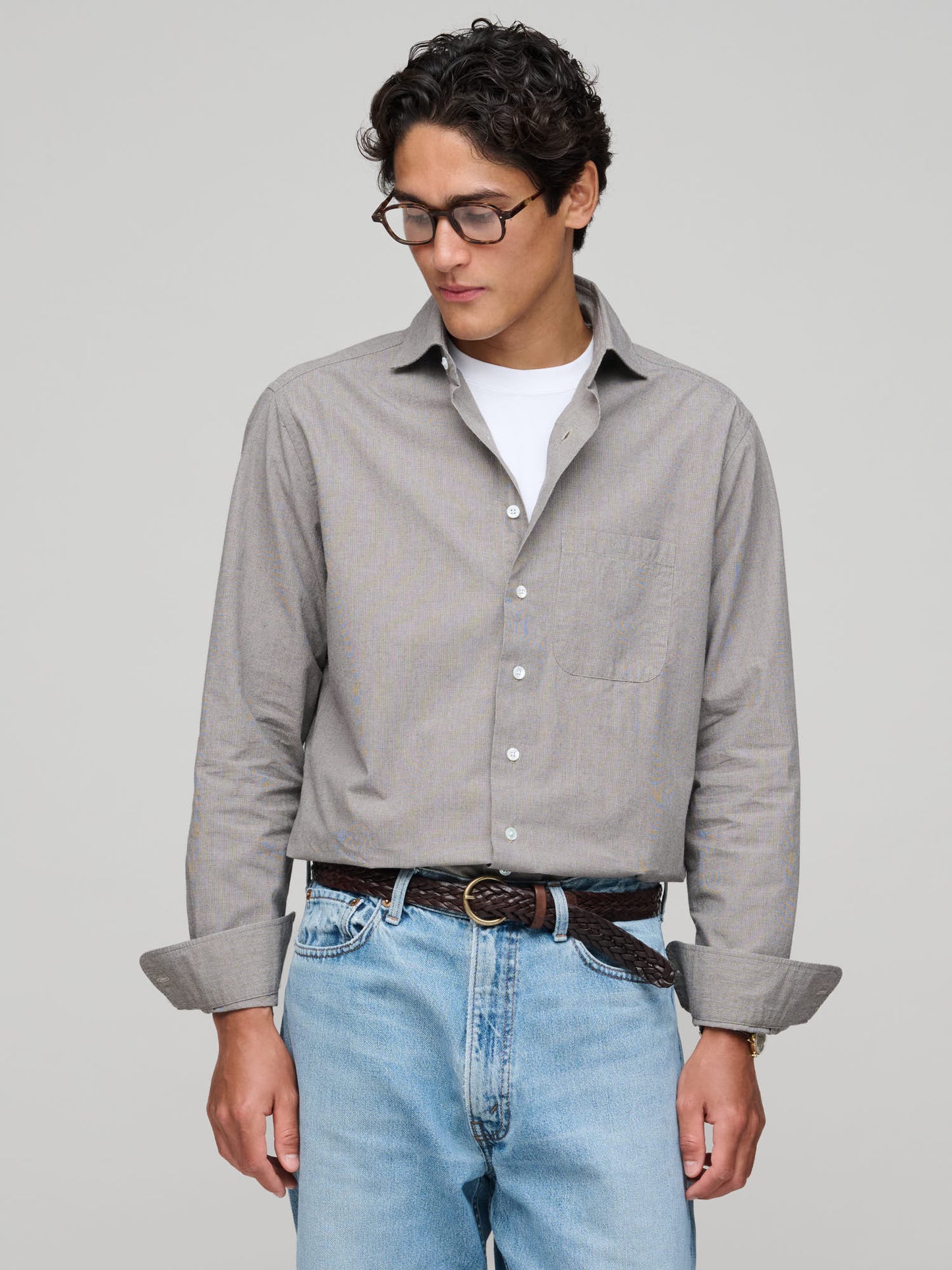 Soft Spread Collar, Micro Houndstooth, Grey/Ecru