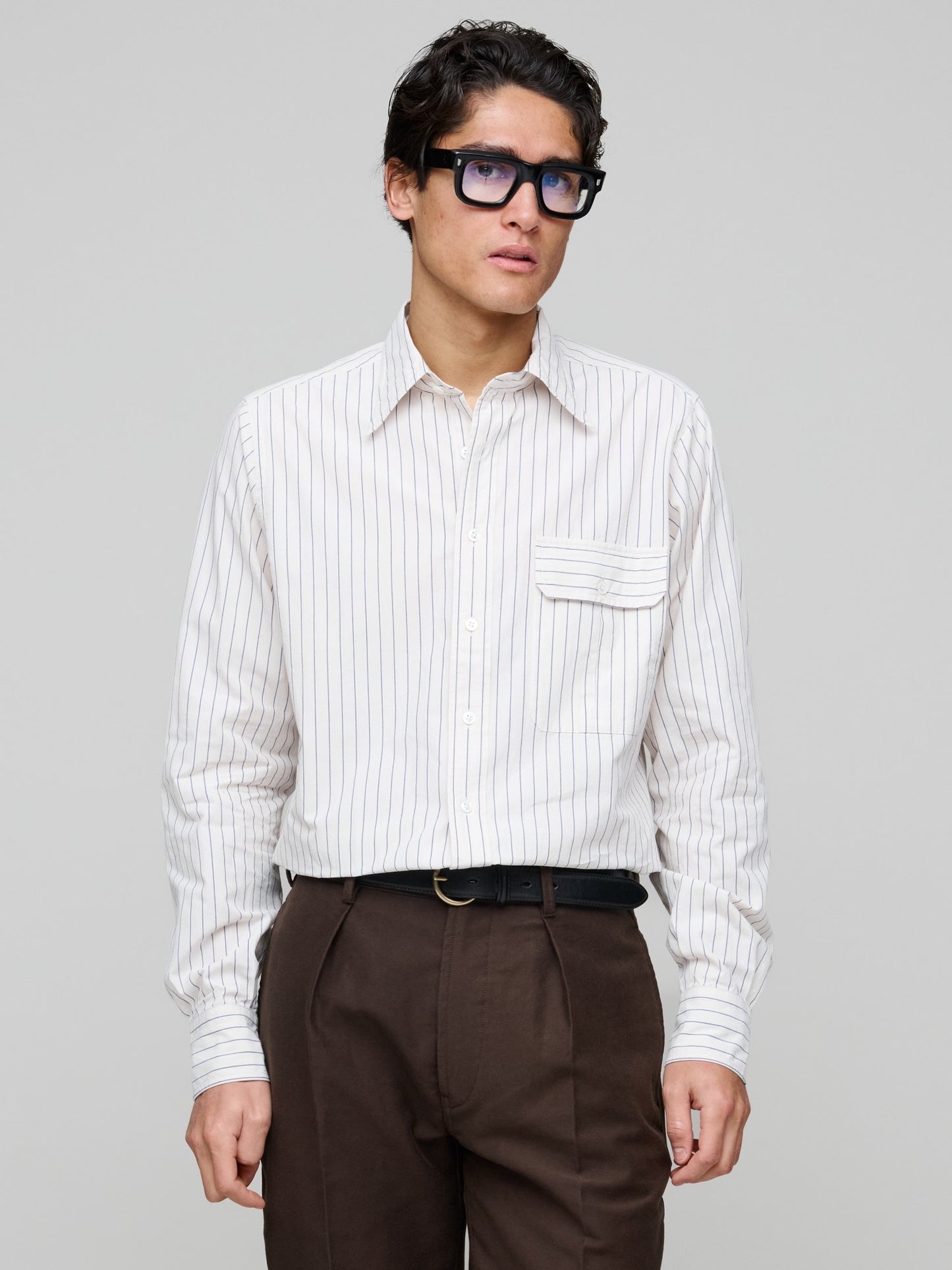 Selvedge Cotton Long Point Collar Shirt, Navy Pencil Stripe