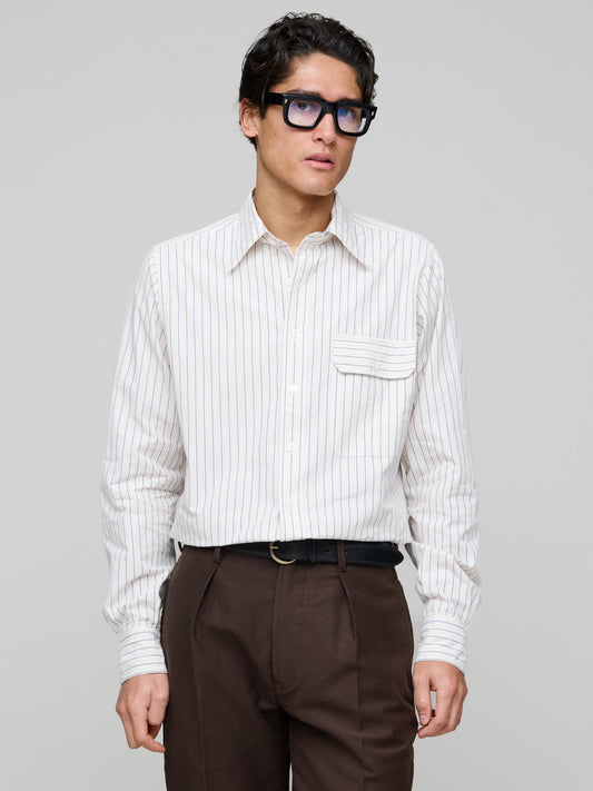 Selvedge Cotton Long Point Collar Shirt, Navy Pencil Stripe