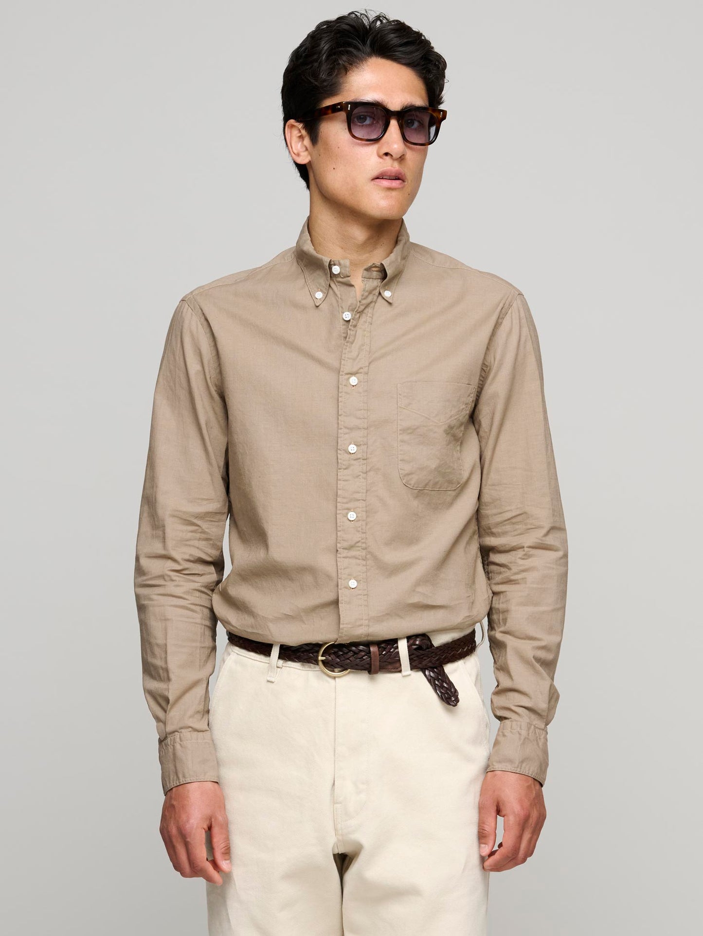 Fine Cotton Linen Voile L/S Shirt, Pale Brown