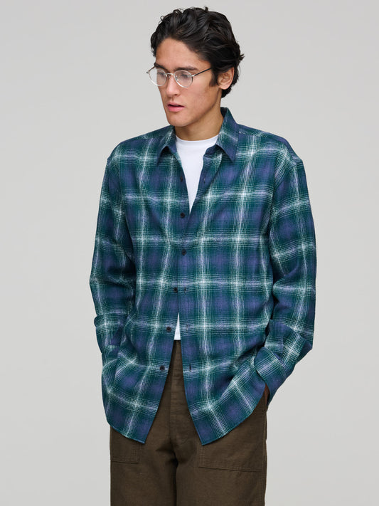 Airy Wool Check Shirt, Forest Green & Navy