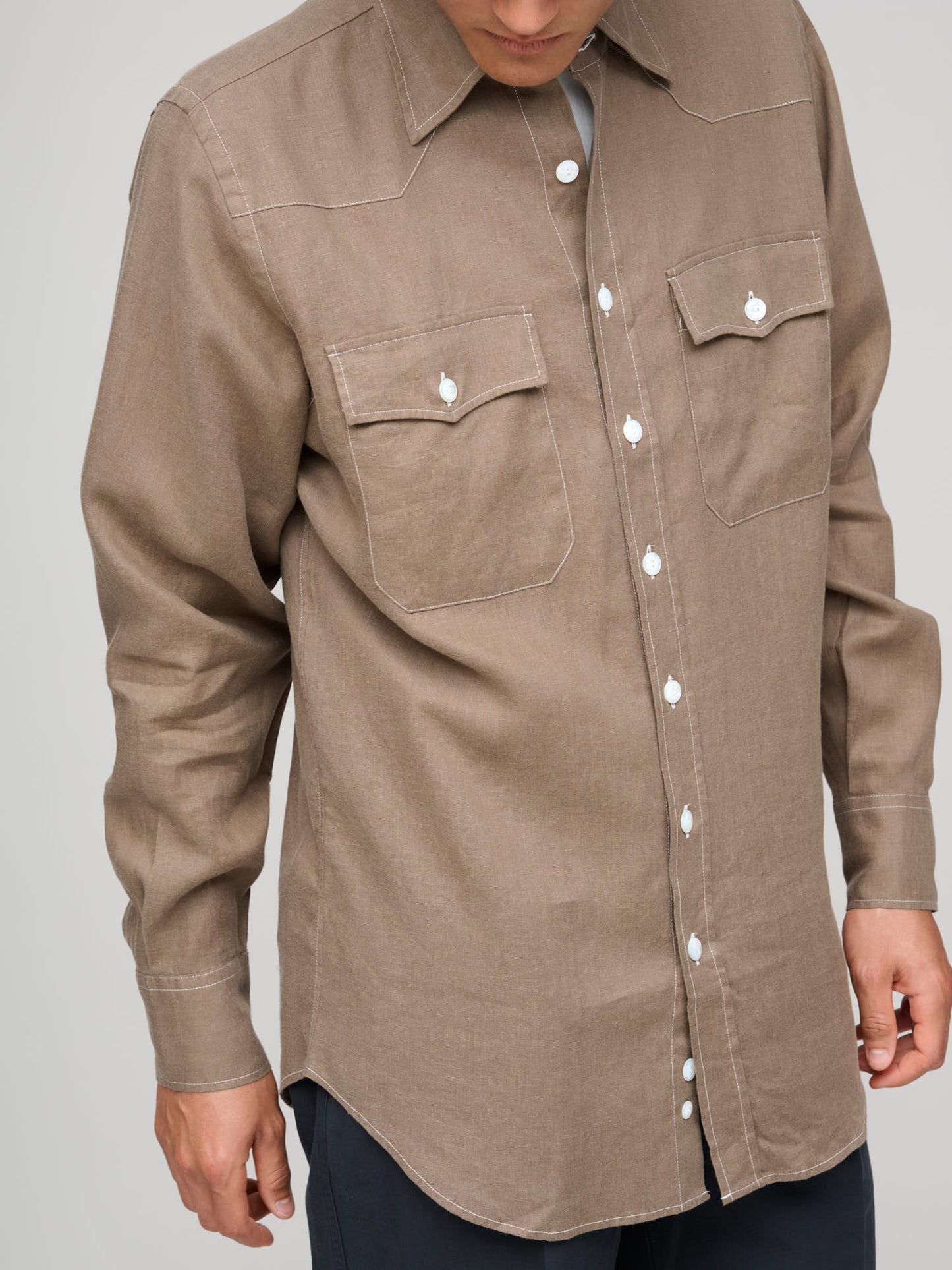 Solid Linen Western Shirt, Brown