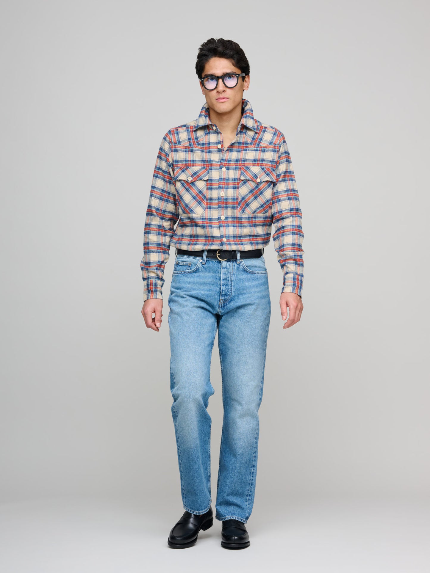 Checked Western Shirt, Ecru/Navy/Red