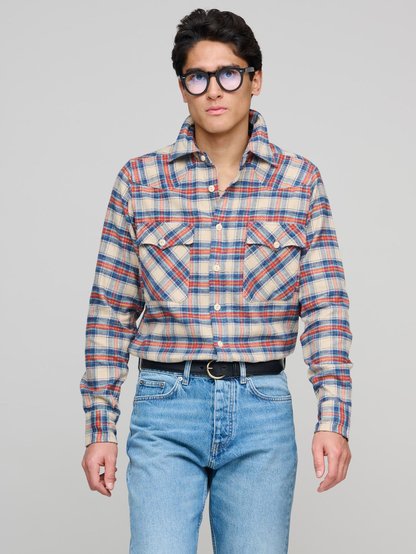 Checked Western Shirt, Ecru/Navy/Red