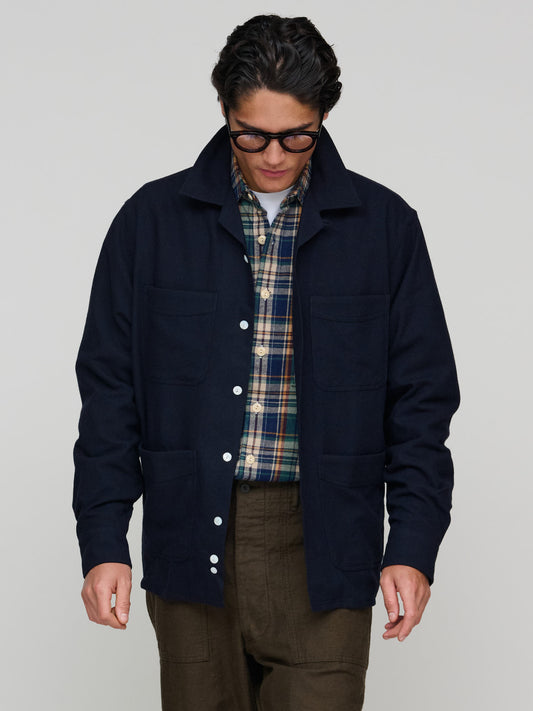 Wool Four-Pocket Camp Collar Work Shirt, Navy