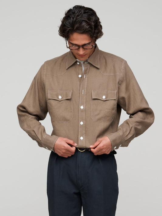 Solid Linen Western Shirt, Brown