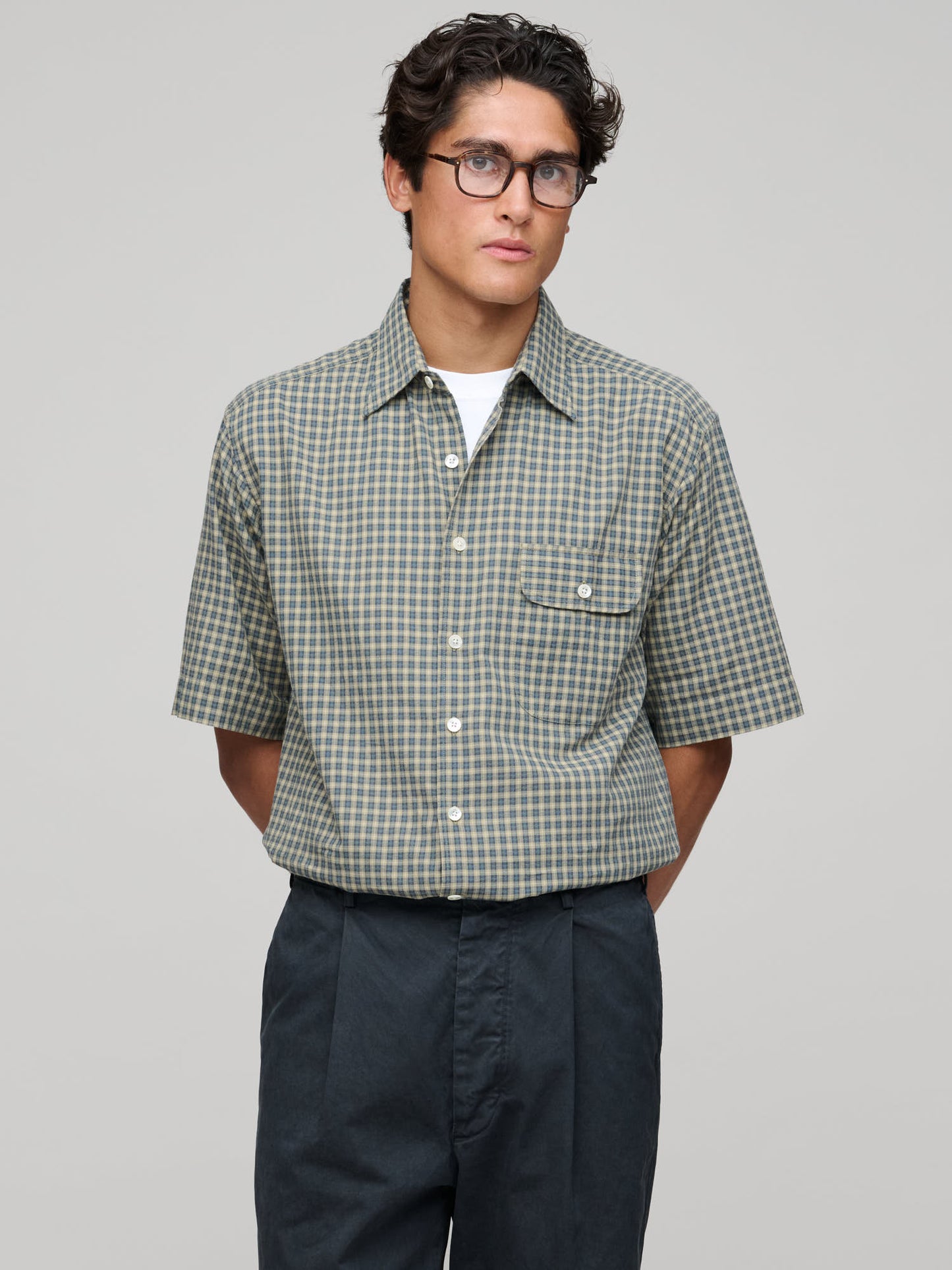 Off Duty Short Sleeve Shirt, Dobby Nonna Check, Blue/Beige/Ecru