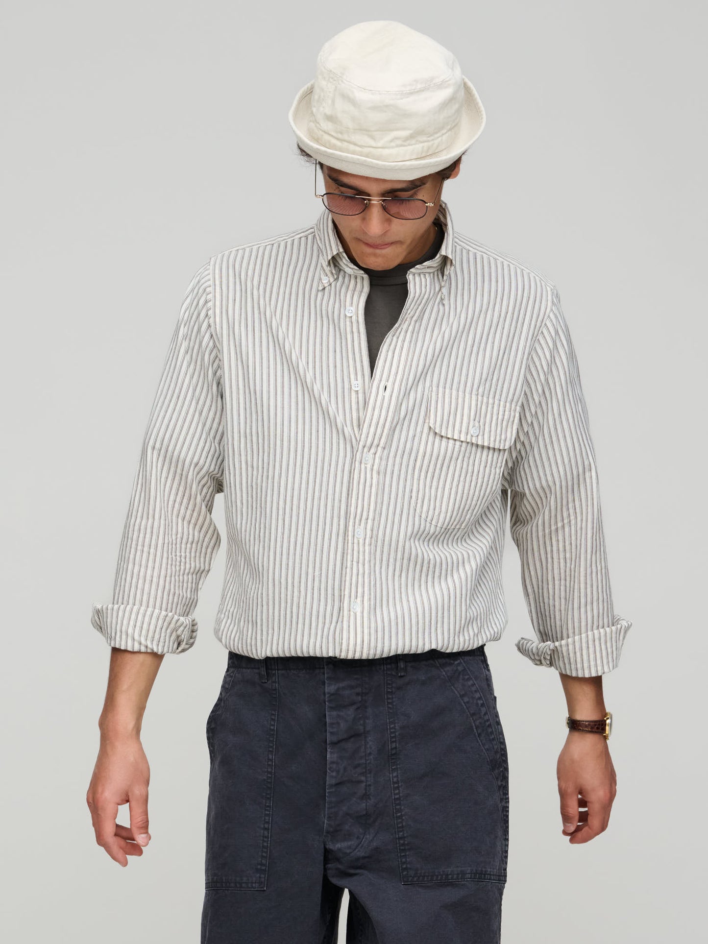 Drake's for GOODS, Stripe BD Shirt Curved Pocket, Creme
