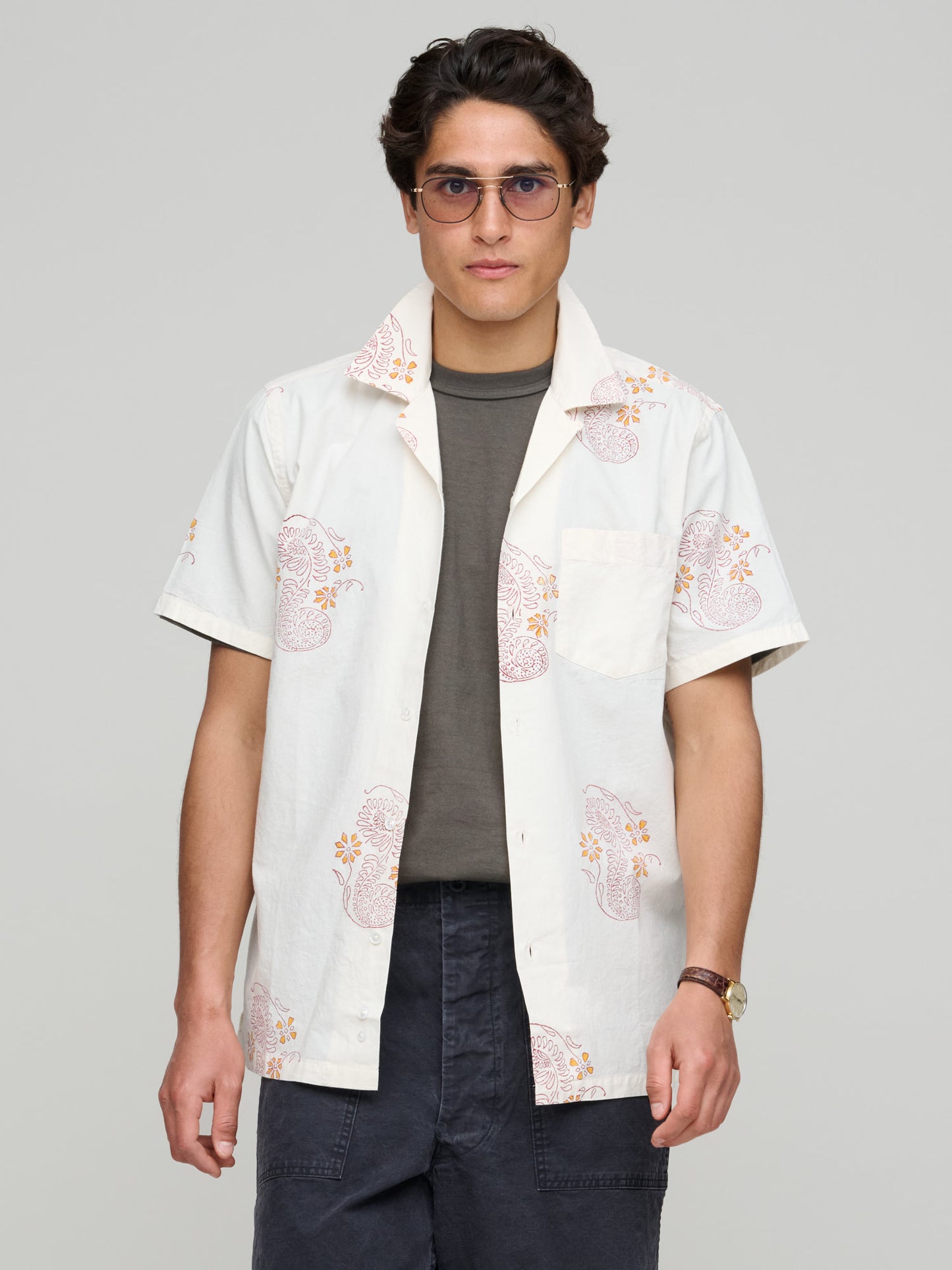 Floral Blk Print SS Camp Collar, Off W/Burg