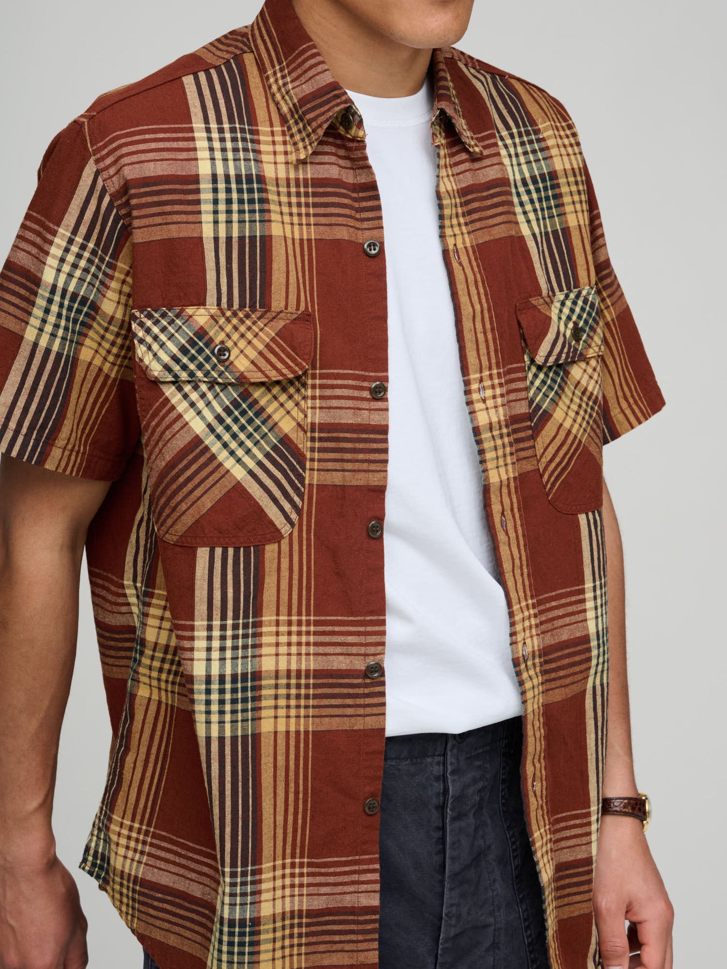 Short Sleeve Original Check Work Shirt With Flap Pocket, Brown Check