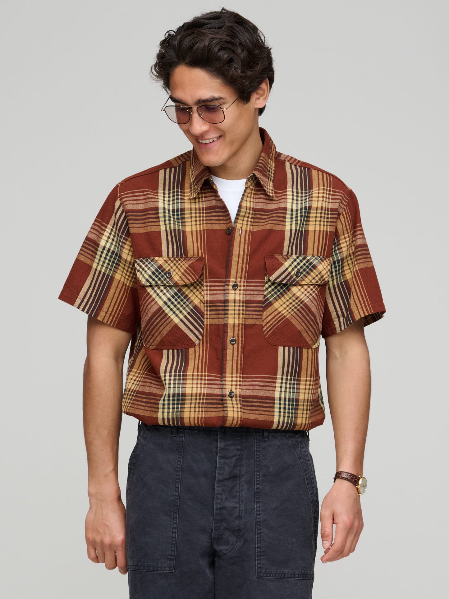 Short Sleeve Original Check Work Shirt With Flap Pocket, Brown Check