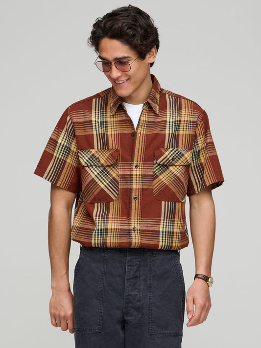 Short Sleeve Original Check Work Shirt With Flap Pocket, Brown Check