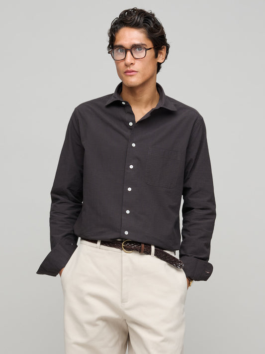 Soft Spread Collar Fine Graph Check, Dark Brown