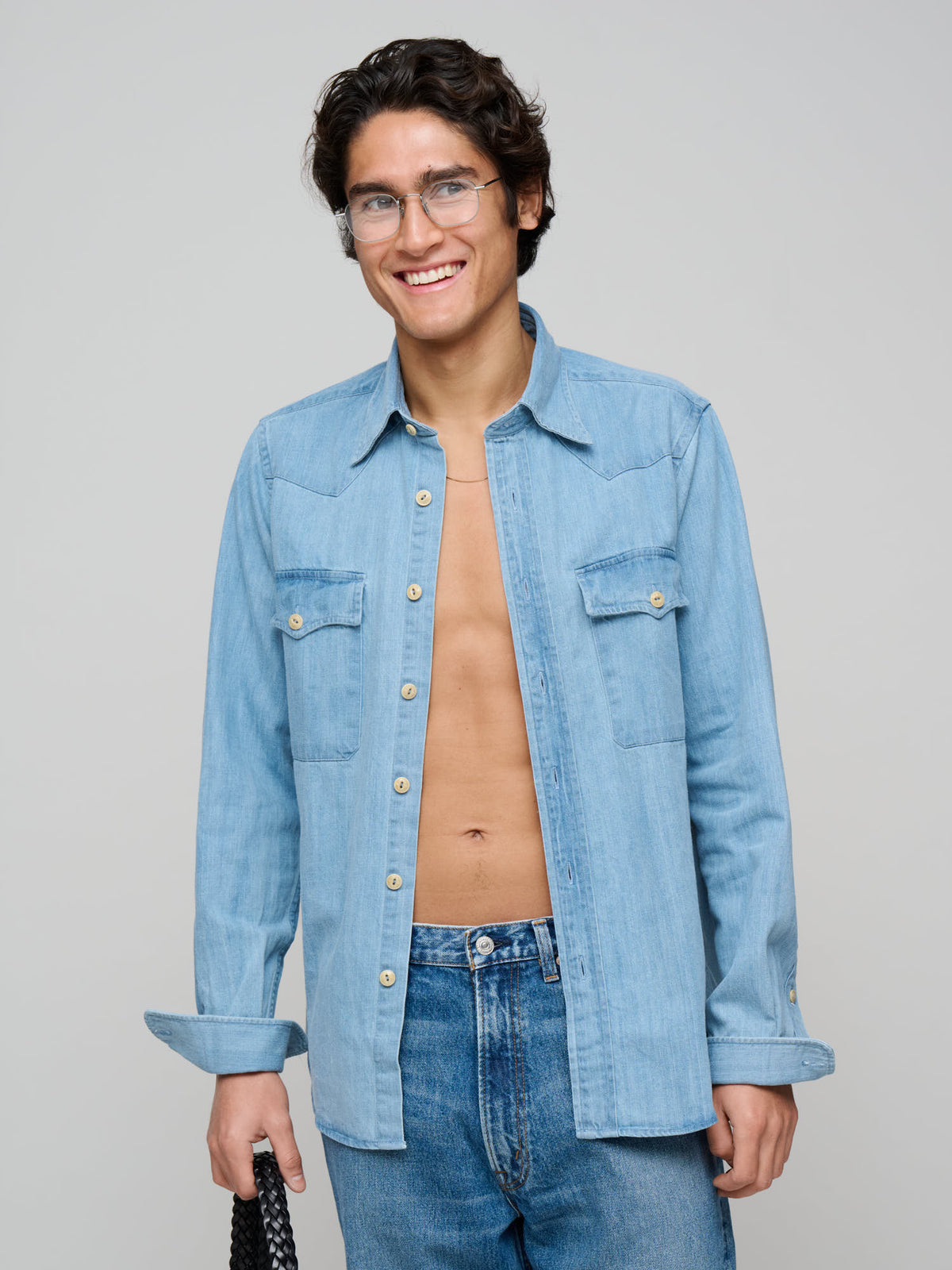 Denim Two-Pocket Western Shirt, Bleach Wash