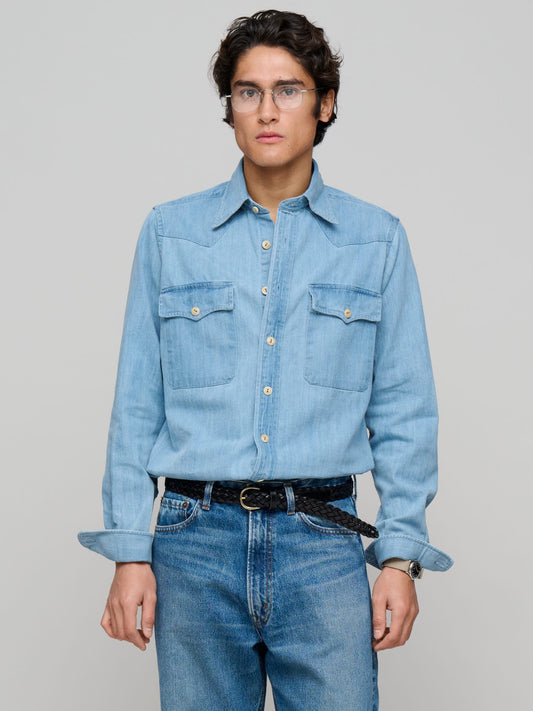 Denim Two-Pocket Western Shirt, Bleach Wash