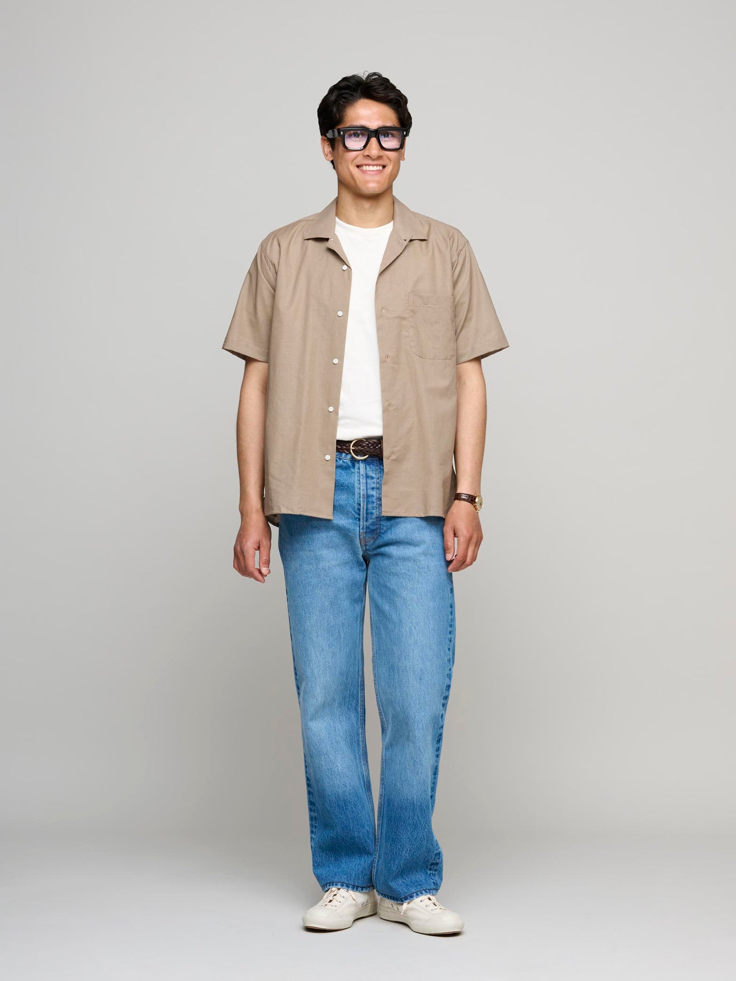 Fine Cotton Linen Voile S/S Shirt, Pale Brown