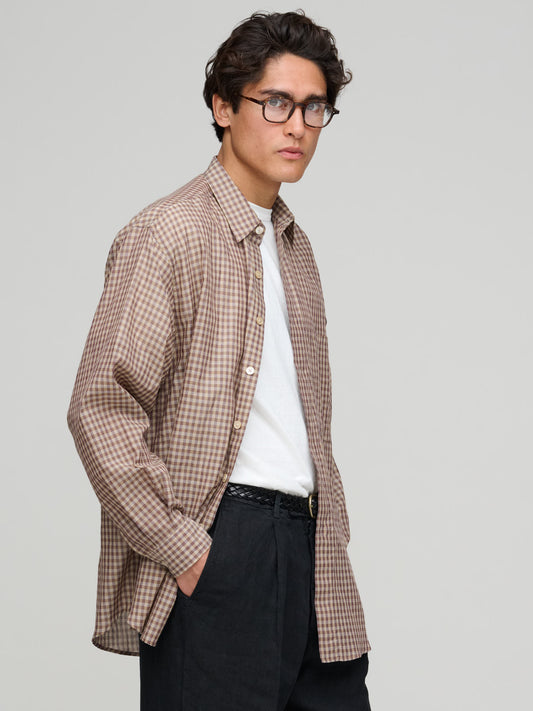 Airy Light Cotton Check Big Shirt, Brown Gingham Check