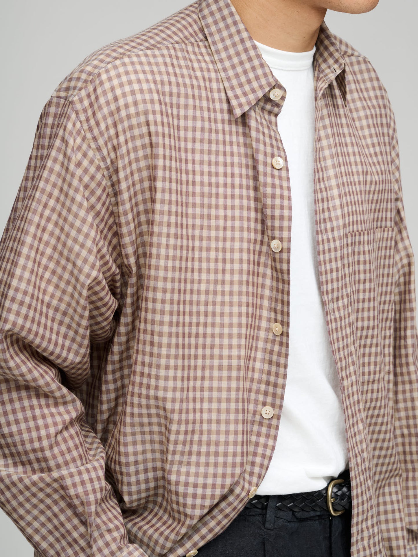 Airy Light Cotton Check Big Shirt, Brown Gingham Check