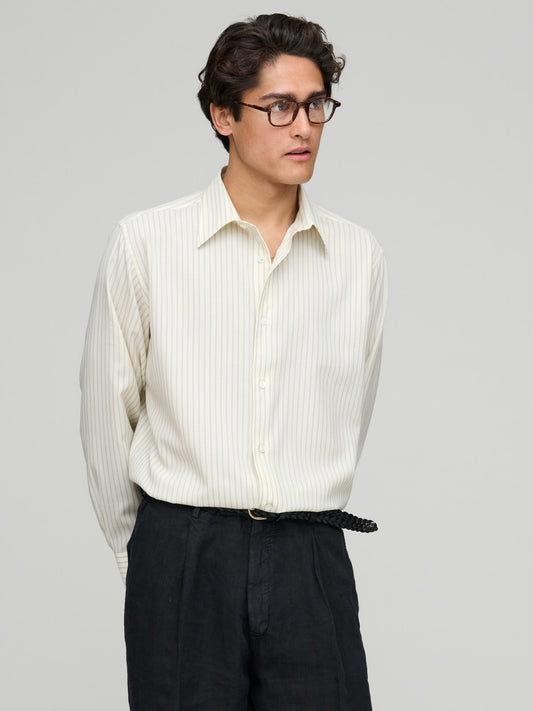 Super Fine Wool Stripe Shirt, Ivory White Stripe