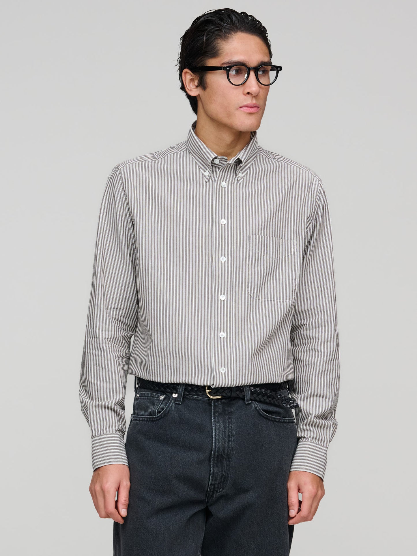 American BD Shirt Wide Stripe, Off White & Brown
