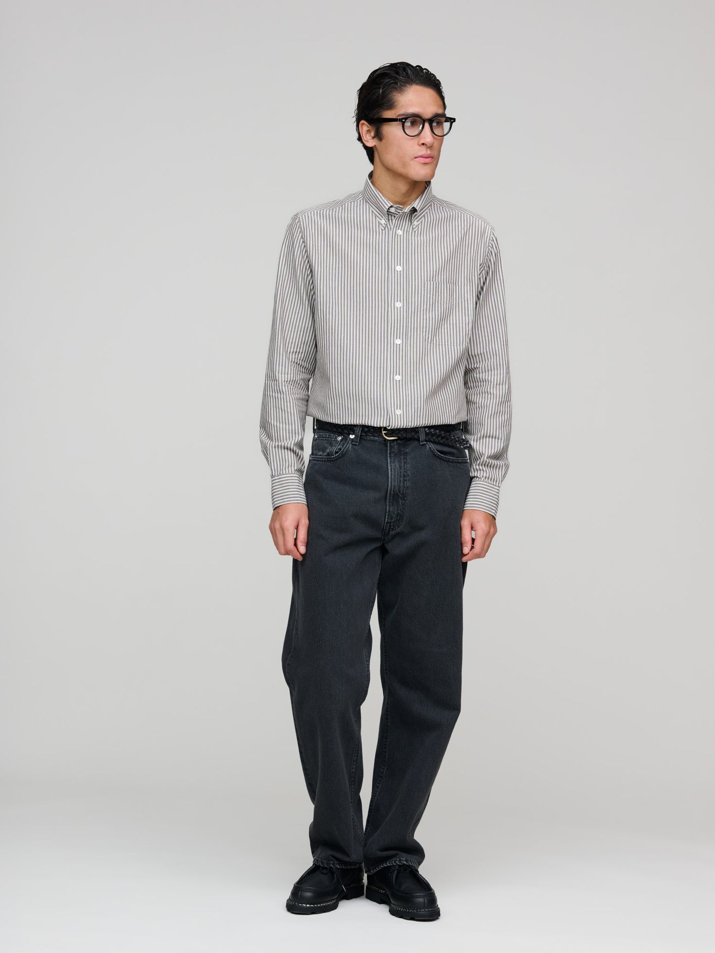 American BD Shirt Wide Stripe, Off White & Brown