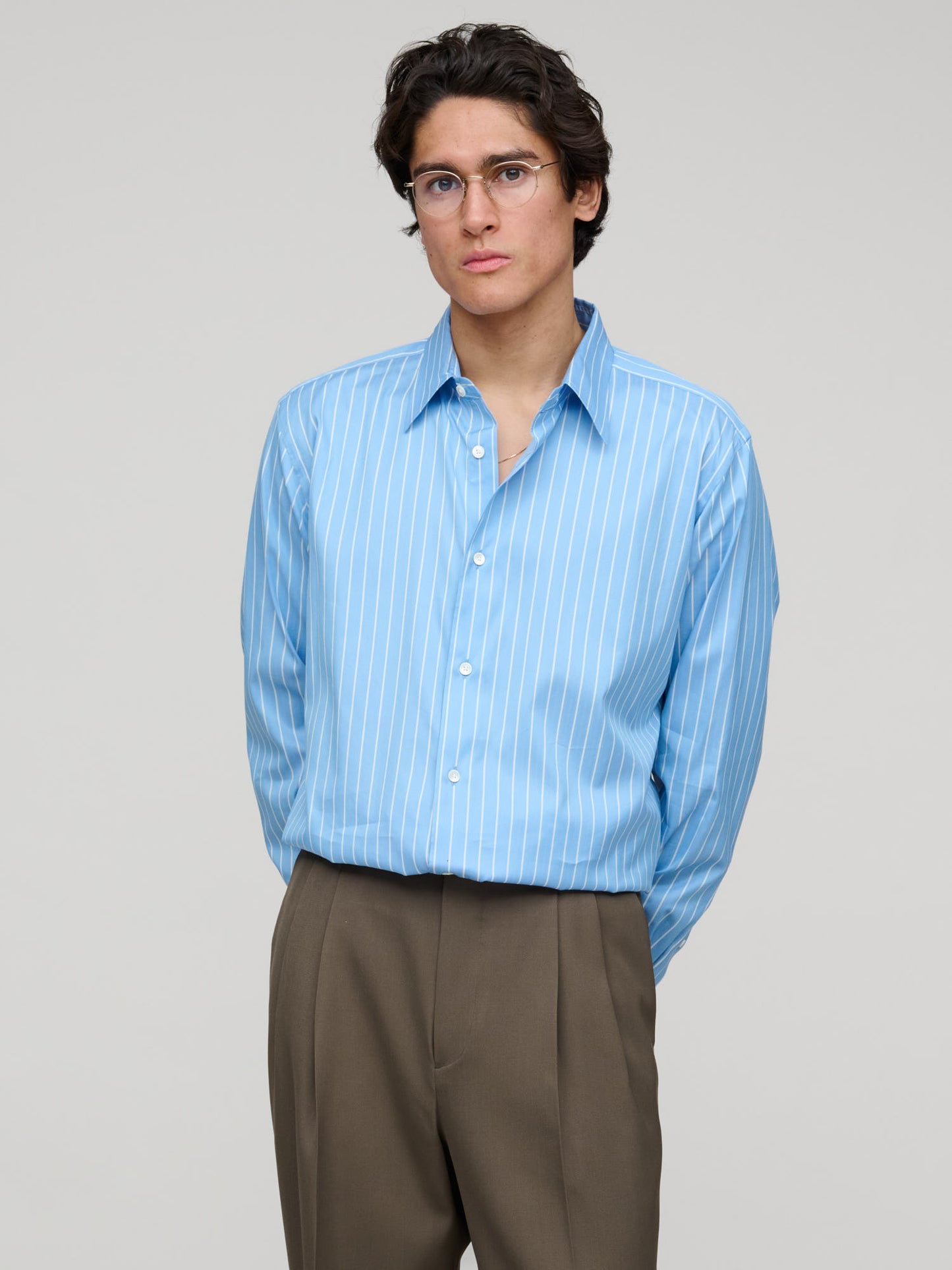 Cotton Silk Stripe Shirt, Sax Blue Stripe