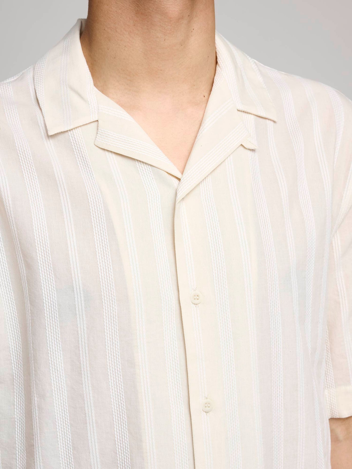 Embroidered Stripe Camp Collar Shirt, Ecru
