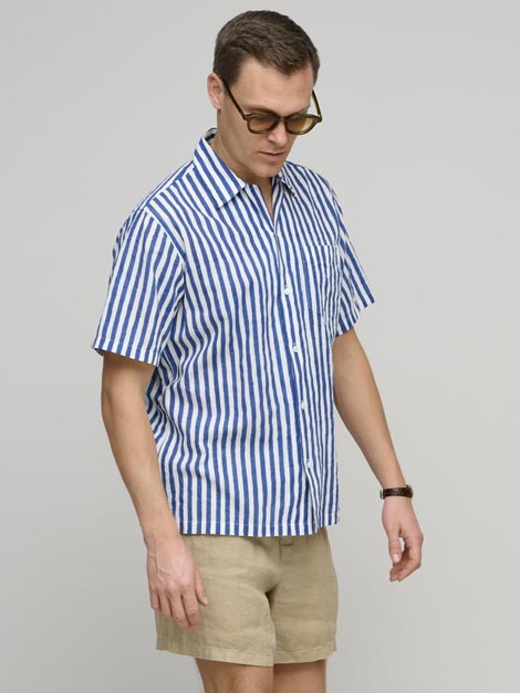 Block Print Camp Collar Shirt, Blue Stripe