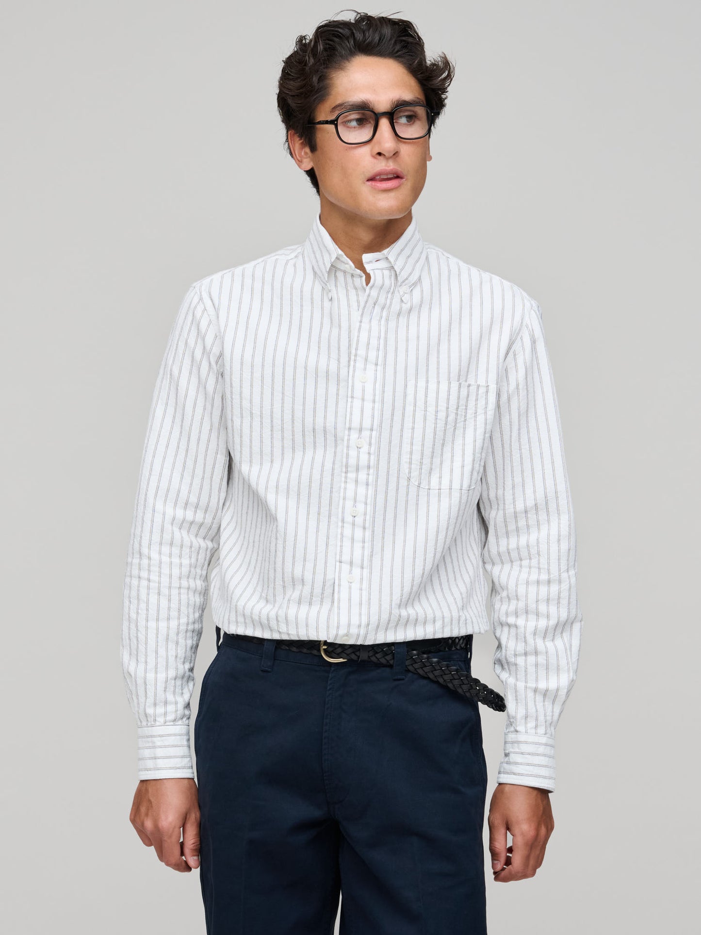 Japanese Oxford, White, Navy/Tan stripe