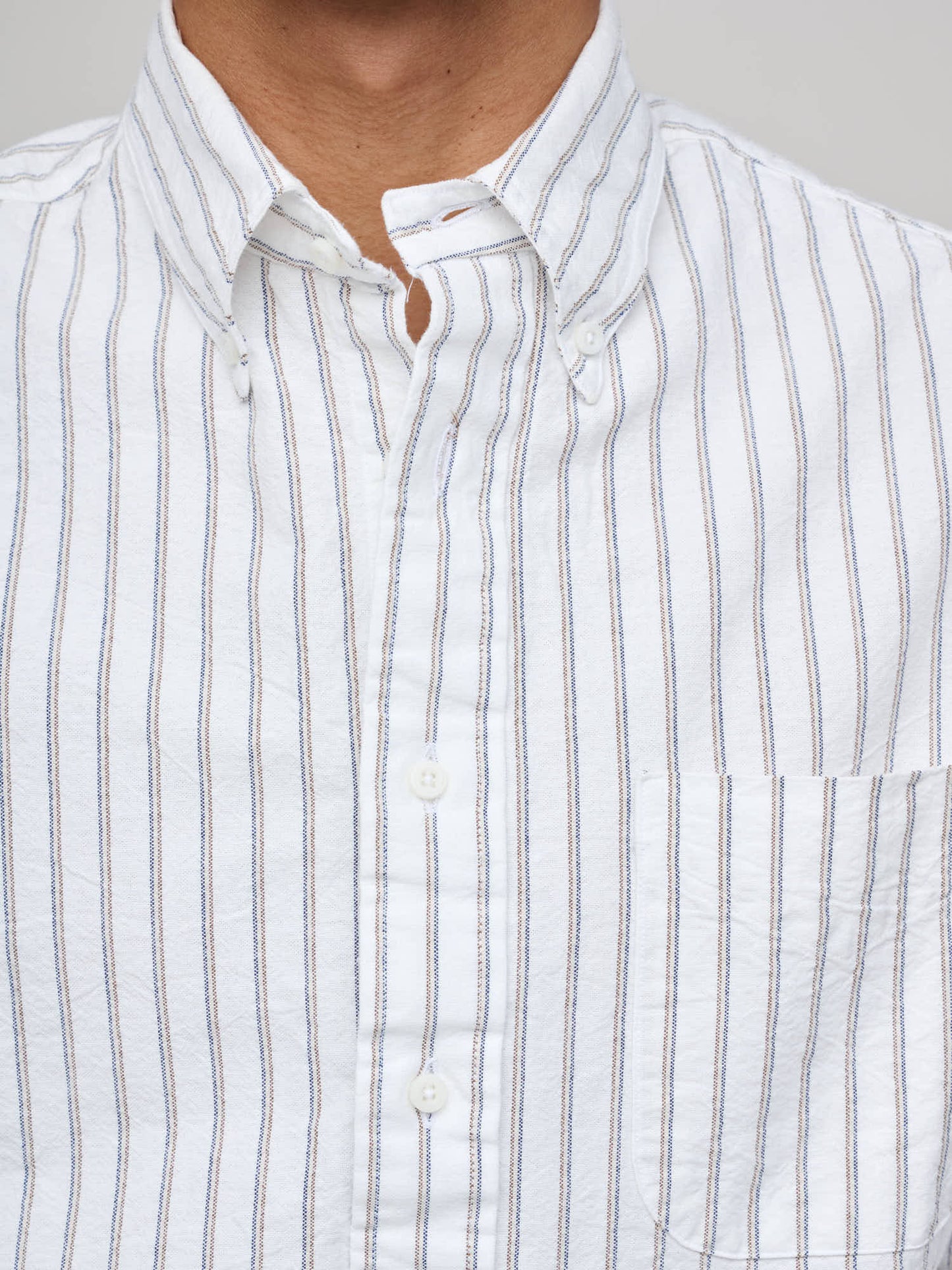 Japanese Oxford, White, Navy/Tan stripe