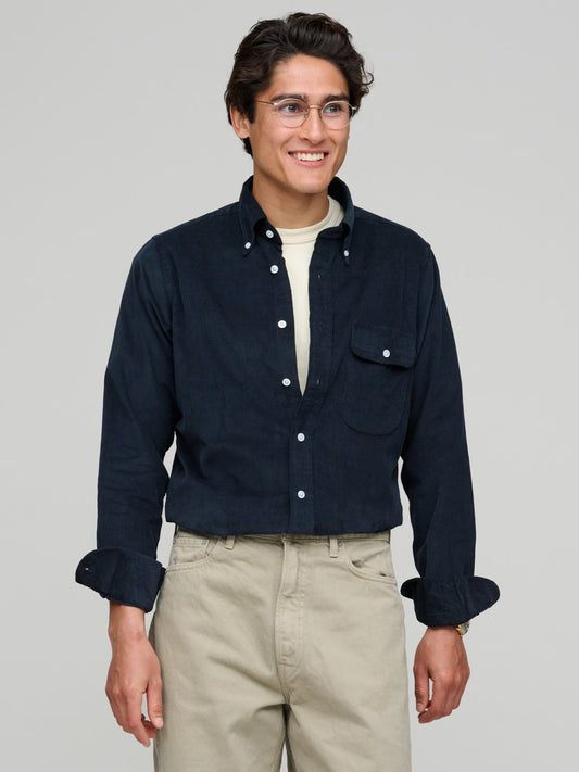 Drake's for GOODS, Needlecord BD Curved Pocket Shirt, Navy