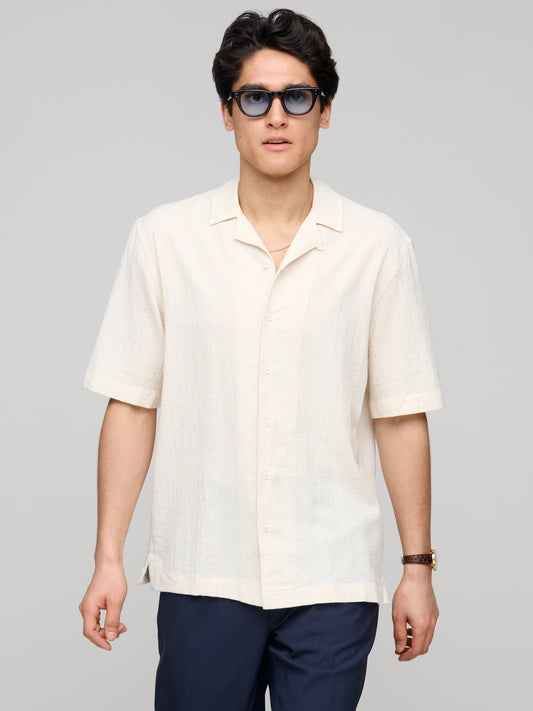 Loose Weave Check Camp Collar Shirt, Ecru