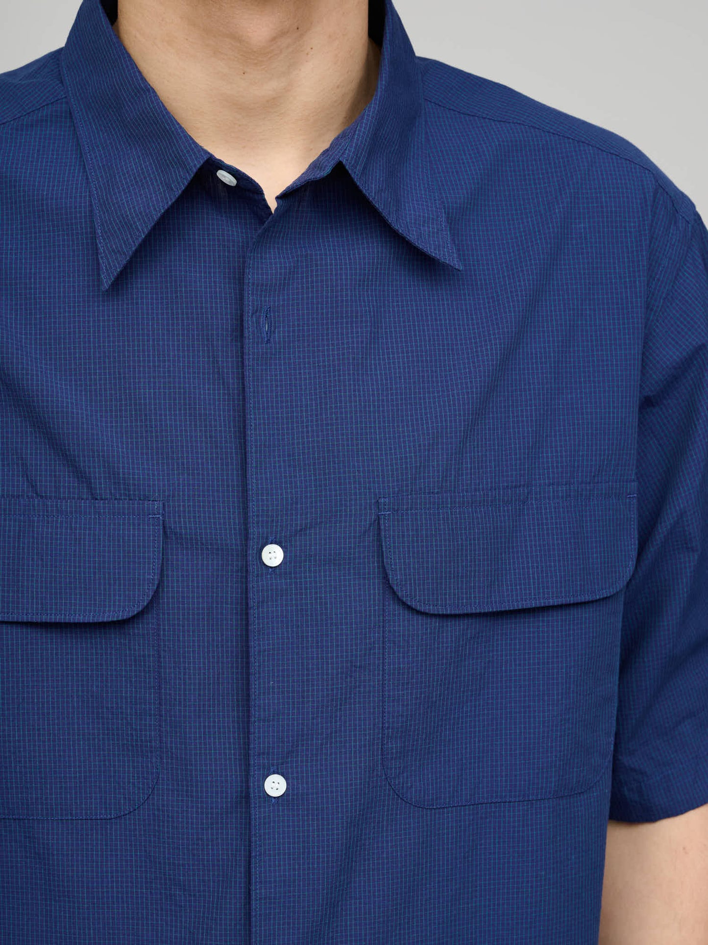 Regular Collar S/S Shirt, Dark Navy Tiny Check