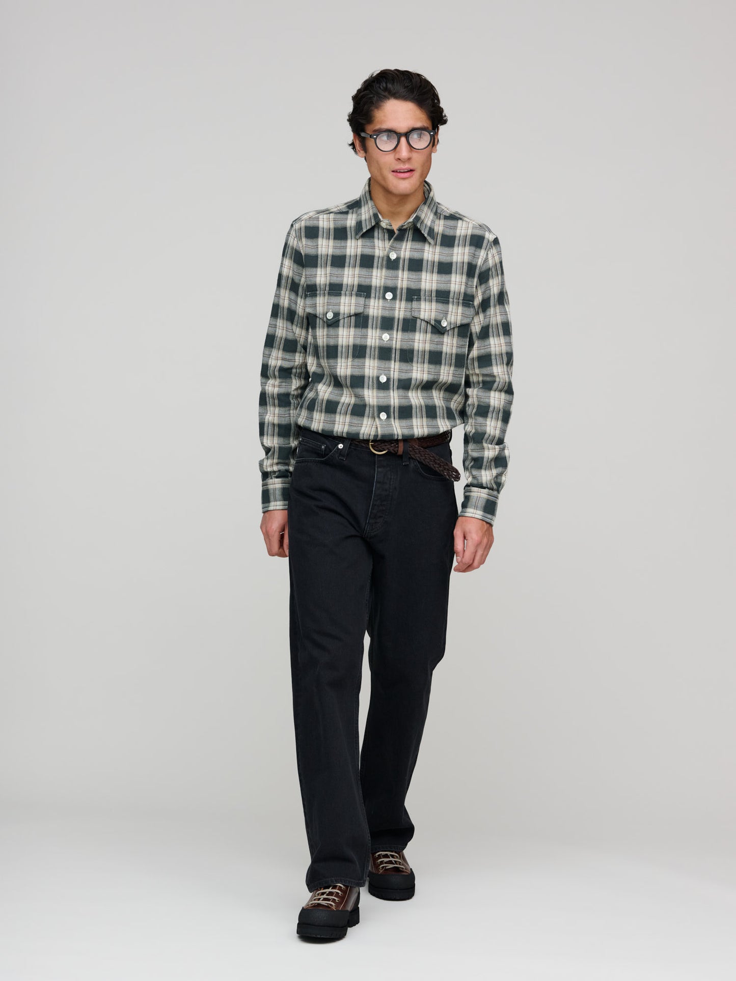 American Western Shirt, Green Brown & Ecru Check