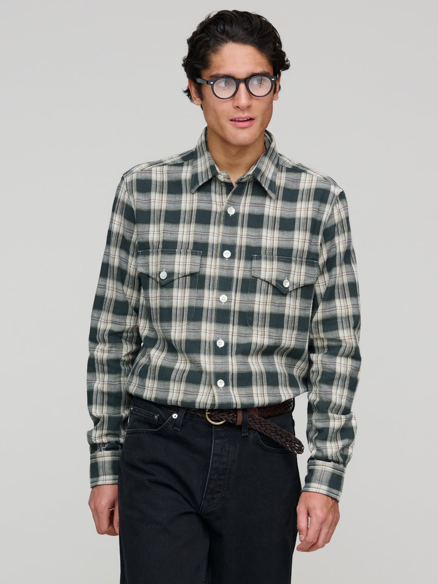 American Western Shirt, Green Brown & Ecru Check