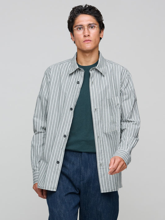 Basic Shirt Two Tone Cotton Stripe, Forest/Grey/Off White