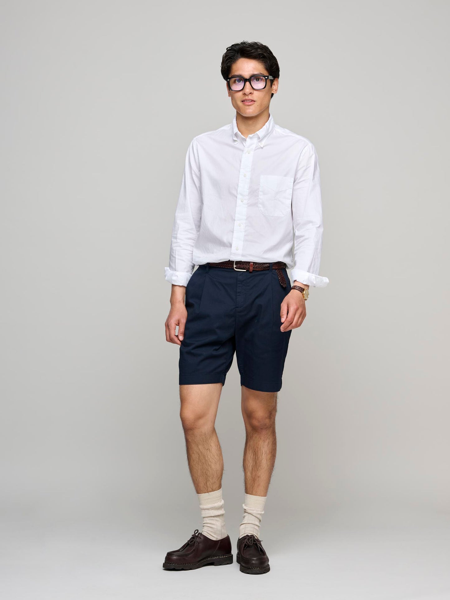 Pleated Twill Shorts, Navy