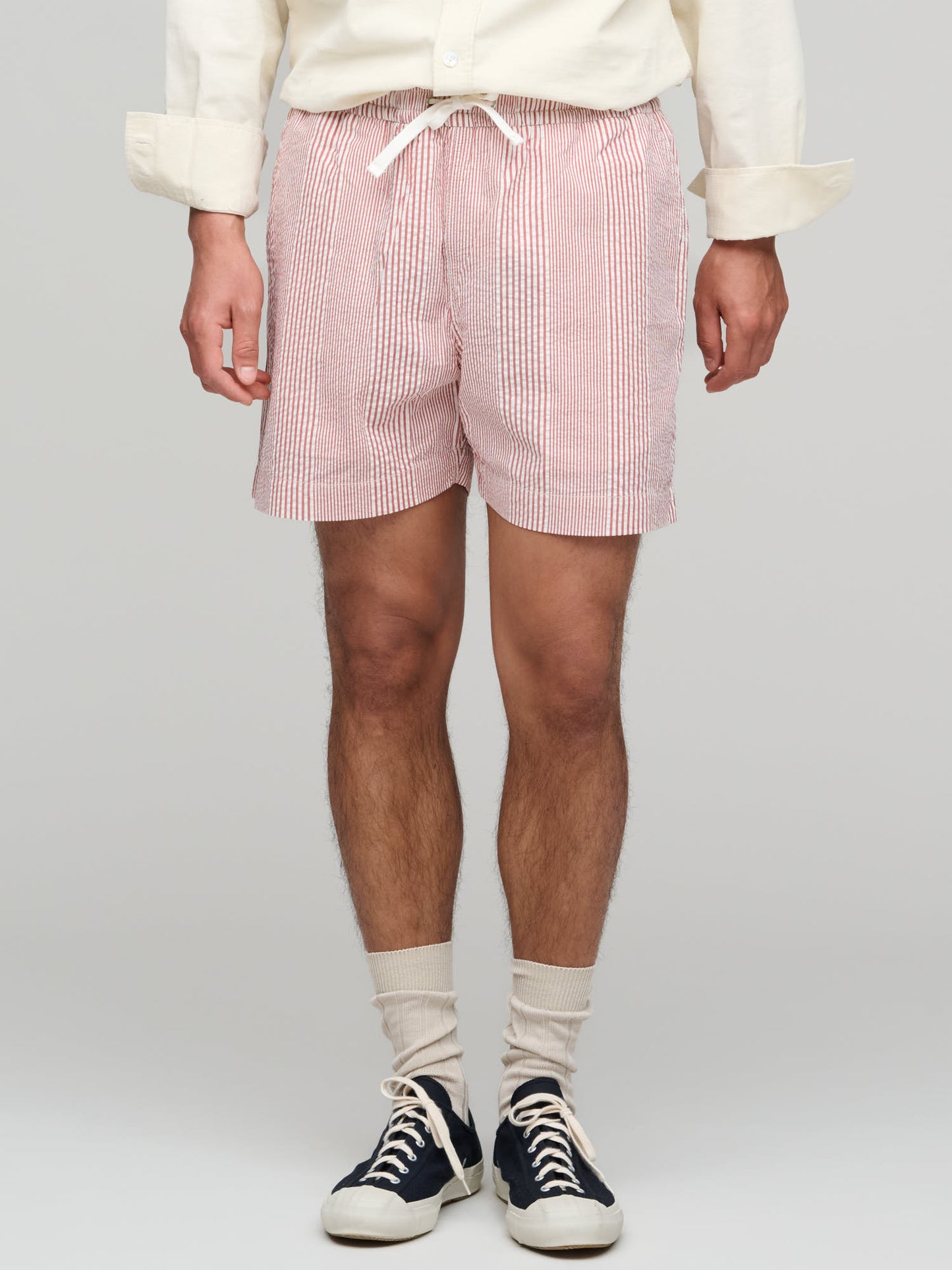 Seersucker Stripe Drawstring Short, Red & Wht