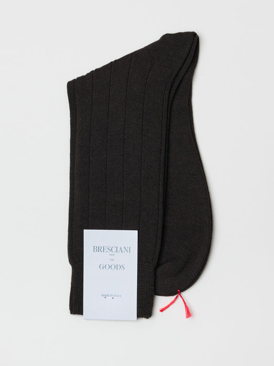Fine Ribbed Wool Socks, Dark Brown