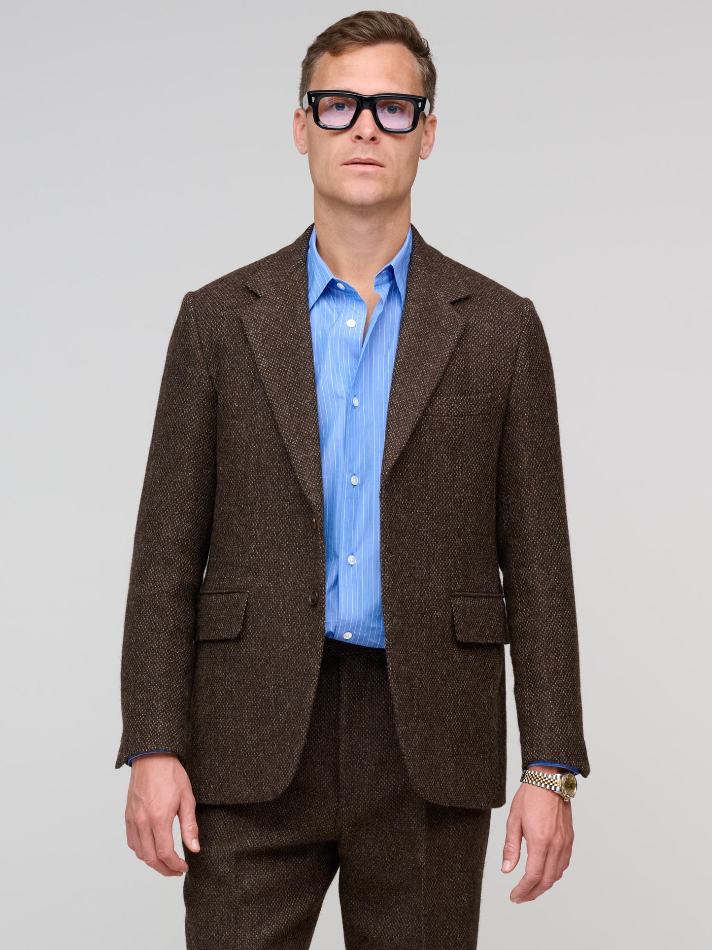 Lama Shetland Wool Tweed Over Jacket, Brown Tweed