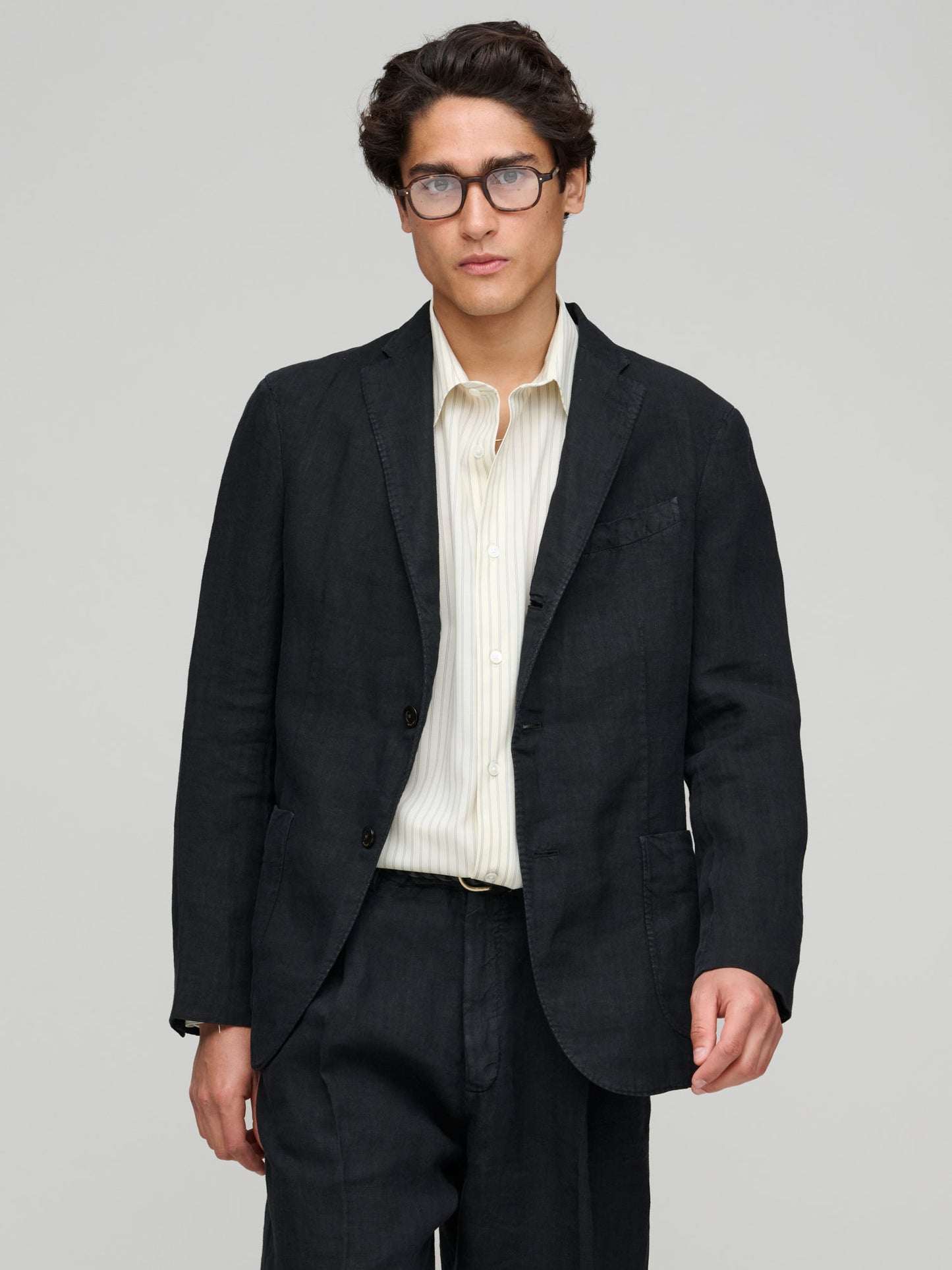 Linen Suit, Black - Wide Pleated Trousers