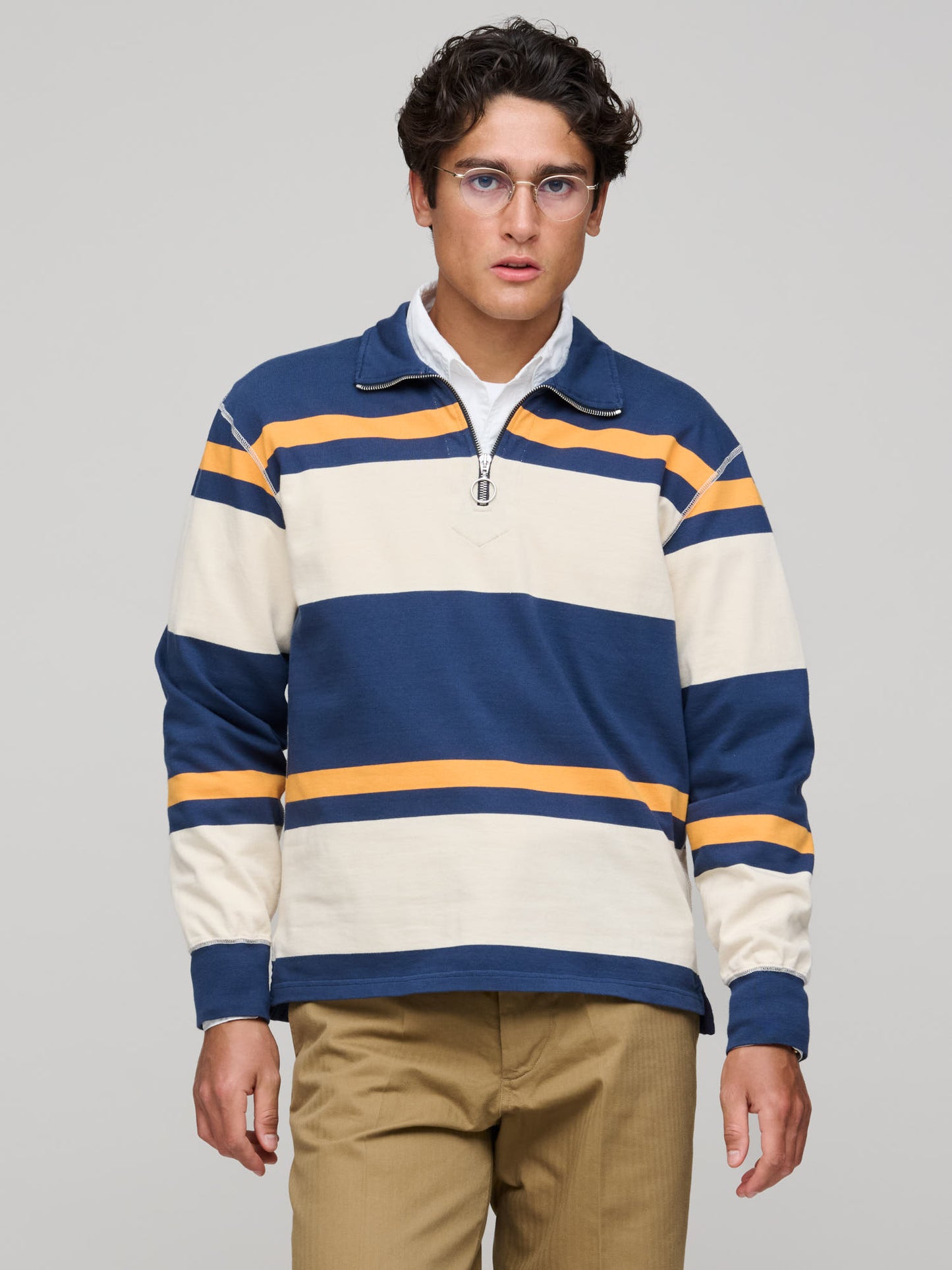 Cotton Quarter Zip Rugby Shirt, Navy & Yellow Stripe